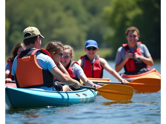 A group of people, including those with disabilities, participating in a guided adaptive kayaking clinic.