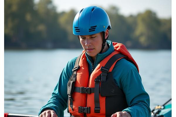 Kayaker wearing a life jacket and checking safety gear