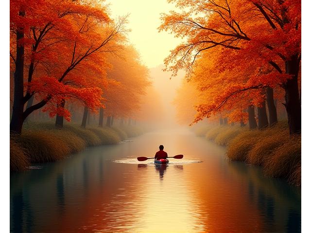 Kayaker paddling through autumn foliage under a golden sky