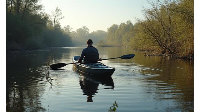 Close-up of a kayak angler precisely positioning their kayak near submerged structure for fishing, demonstrating stealth and control.