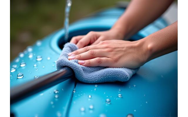 Cleaning a kayak paddle with fresh water and a soft cloth