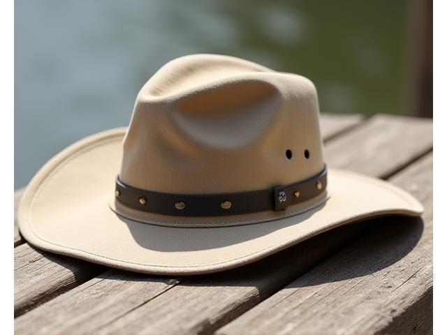 River Explorer Wide-Brim Hat, a khaki-colored, wide-brimmed sun hat with a chin strap for maximum sun coverage.