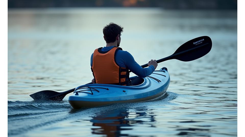 Kayaker with a low-profile PFD, demonstrating full range of motion while paddling.