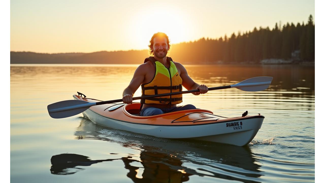 Kayaker confidently paddling on calm water, wearing a highly visible and well-fitted life jacket.